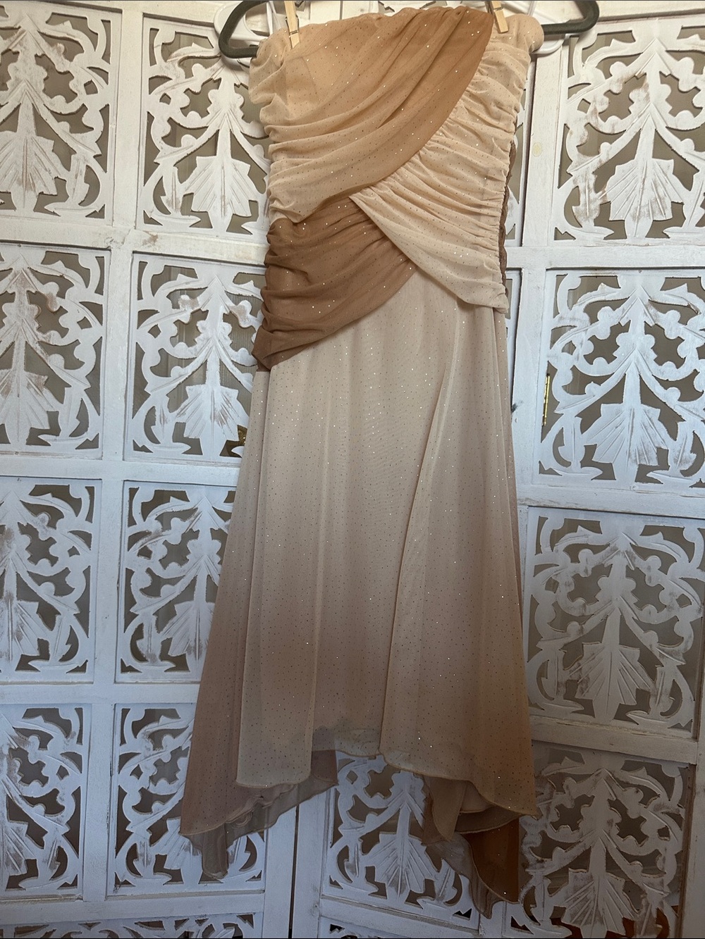 Strapless Beige & Camel Draped Evening Dress
